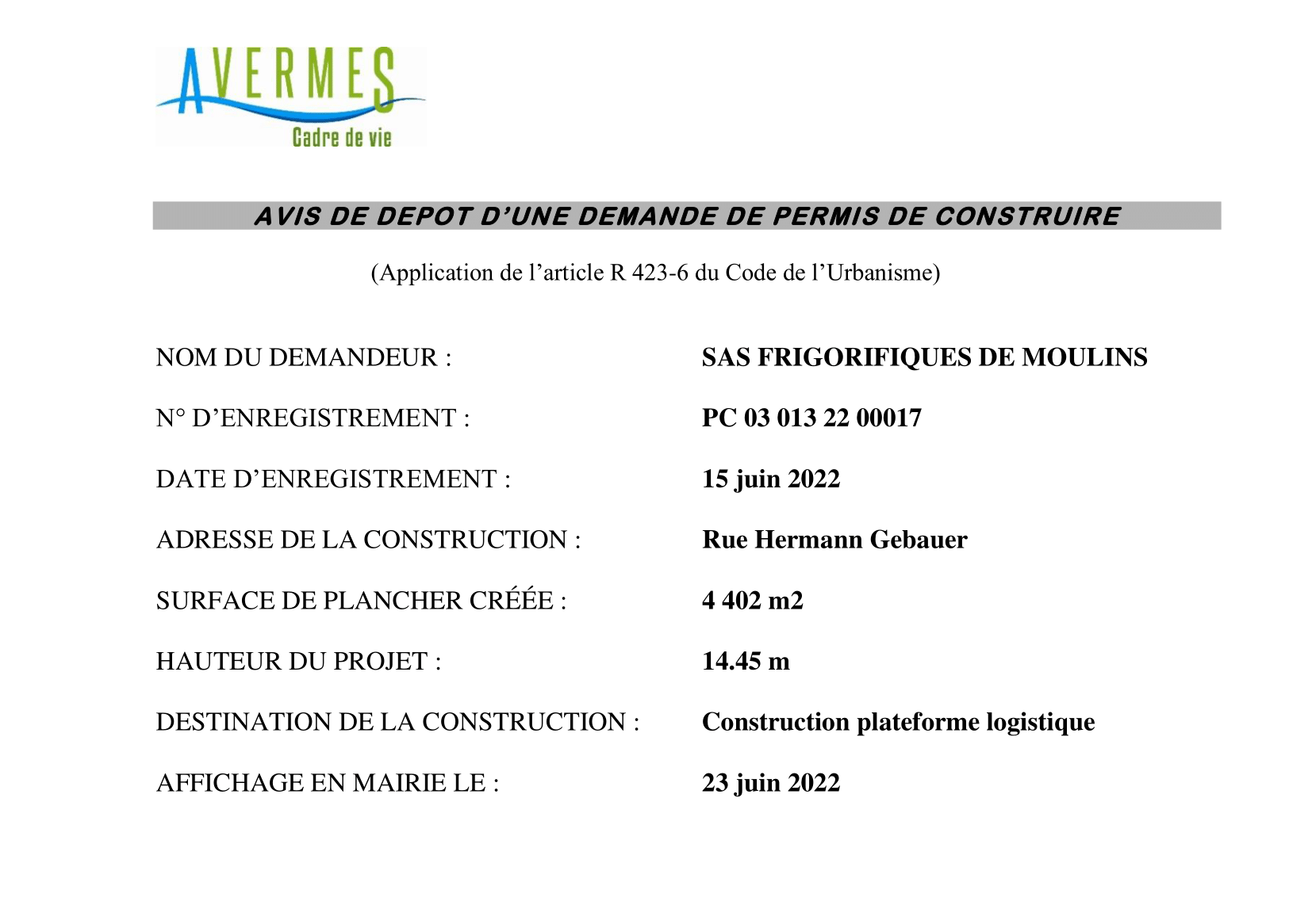 PC 22 00017 FRIGORIFIQUES DE MOULINS